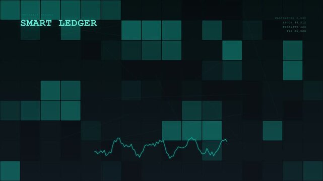 An abstract visualization of a blockchain finance ledger showing flowing digital data blocks and oscillating financial charts within a dark cinematic cybernetic environment for corporate presentations