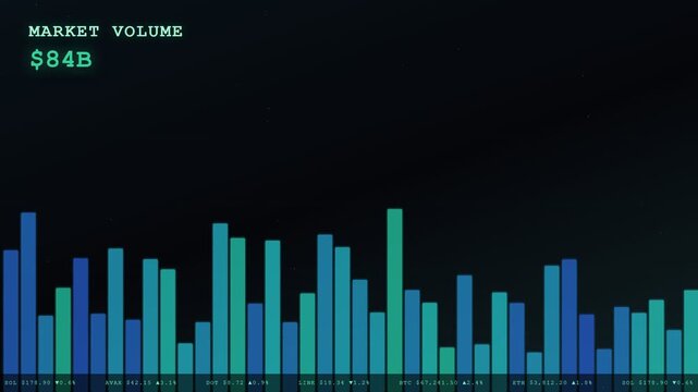A dynamic visualization of a blockchain finance ledger showcasing exponential market volume growth through vibrant digital bar charts ascending against a deep midnight void background