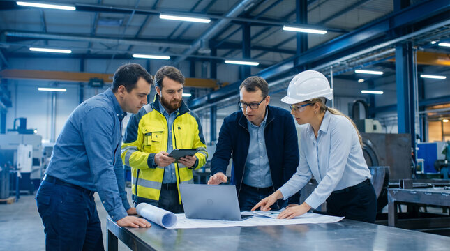 Team of engineers reviewing blueprints in modern industrial workshop