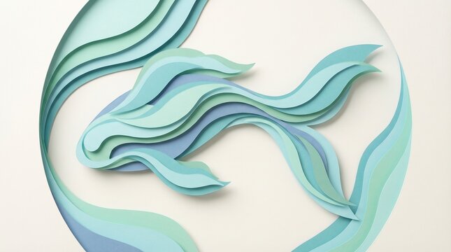 Abstract layered paper cut style fish in blue and green waves