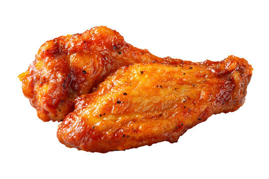 Single buffalo chicken wing coated in spicy sauce, isolated on white background, close-up detail, classic American appetizer.