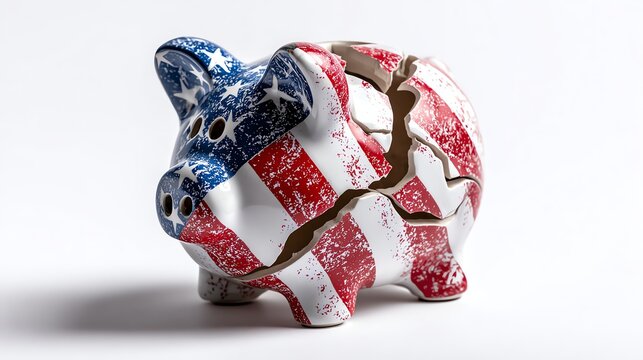 Broken piggy bank with US flag pattern on white background