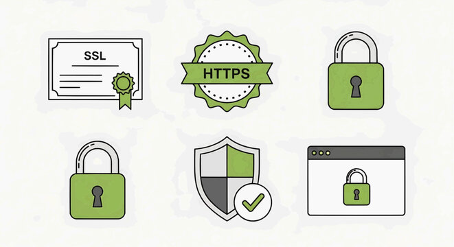 Security icons depicting locks, shields, and certificates on a webpage for safety