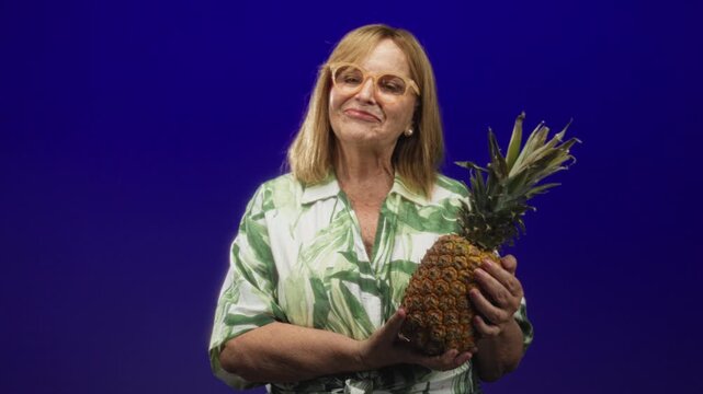 Woman holding pineapple with both hands and smiling in studio wearing green leaf shirt; tropical contentment.