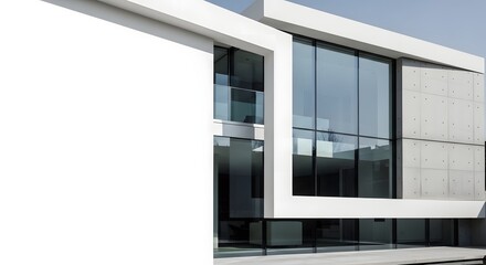 Fototapeta premium A stark white architectural facade features a large, multi-paned glass window reflecting a muted sky, emphasizing a contemporary and industrial aesthetic.
