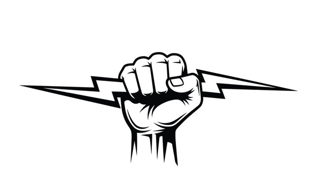 A powerful hand vector illustration gripping a stylized lightning bolt, symbolizing strength, energy, and determination for various dynamic graphic design projects.