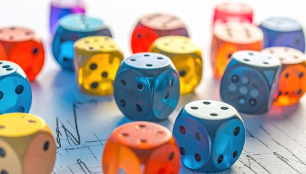 A collection of transparent, multi-colored dice scattered across a statistical chart, representing chance and data analysis