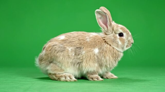 A fluffy brown and white spotted rabbit sitting on a vibrant green background, looking to the right.