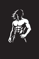 Fototapeta premium A black and white silhouette of a handsome muscular boy with long hairs vector with black background.