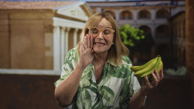 Middle aged woman wearing leaf print shirt and glasses, holding bananas, finger to lips for silence in a building; playful mischief.