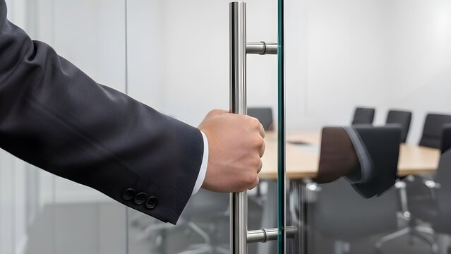 정장입은 손이 투명유리칸막이 회의실 문을 열고잇다A hand in a suit opens the door to the meeting room