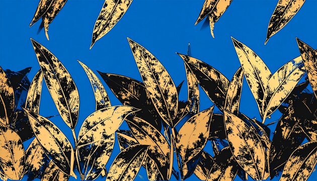 golden batik leaf pattern on dark blue sky background with sunlight rays