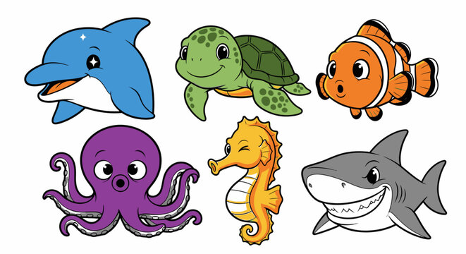 Cartoon sea creatures smiling faces.