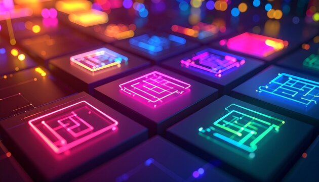 3D neon circuit pattern tiles glowing in futuristic digital abstract design