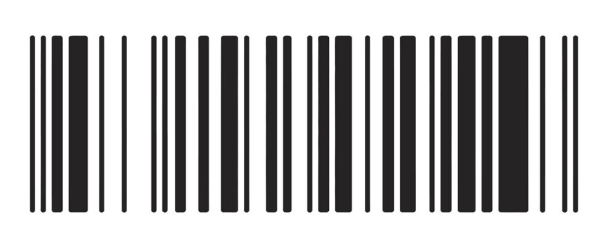 Barcode symbol, fake barcode sample for mockup product labeling, retail packaging concept, minimal black and white vector illustration, transparent background PNG style.