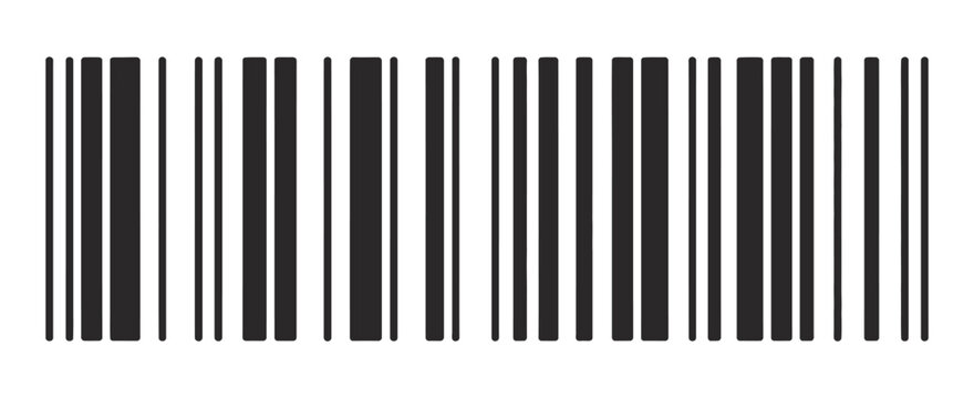 Barcode symbol, fake barcode sample for mockup product labeling, retail packaging concept, minimal black and white vector illustration, transparent background PNG style.