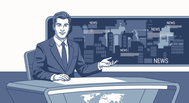 Man in suit sitting at news desk.