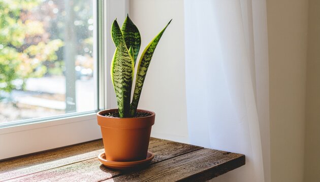 窓辺のサンセベリアと重厚なテラコッタ鉢　スタイリッシュなインテリアグリーン