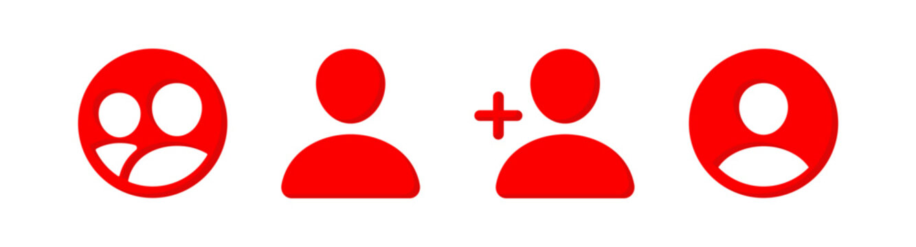 Red flat user profile icons with add friend account avatar and member login symbols