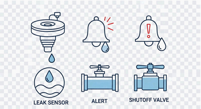 Illustration shows a leak sensor alerting to water leakage with a shutoff valve.
