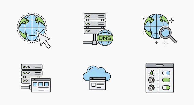 The illustration depicts a collection of technology and internet related icons including a globe with a magnifying glass and various computer screens.