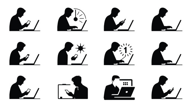 Set of 12 stylized silhouette illustrations showing people working on laptops in various poses and situations