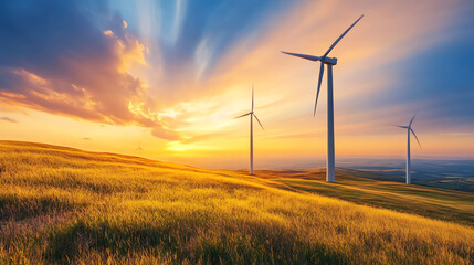 Obraz premium Breathtaking sunset over wind turbines in a lush field, showcasing renewable energy and natural beauty.