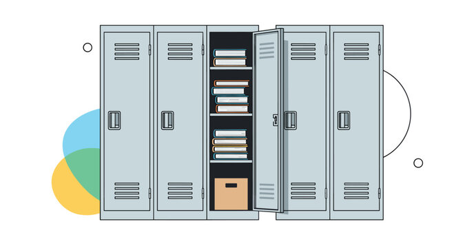 Row of grey school lockers with one open door revealing stacks of books and a storage box on a stylized colorful background.