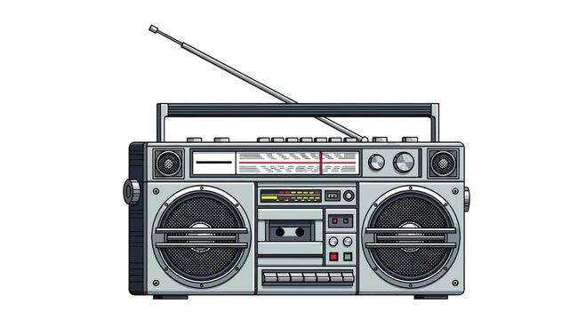 Detailed illustration of a vintage silver boombox radio with a cassette player speakers and antenna shown on a white background.