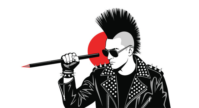 Punk rock man with a black mohawk and studded leather jacket holds a large pencil against a minimalist red sun background.