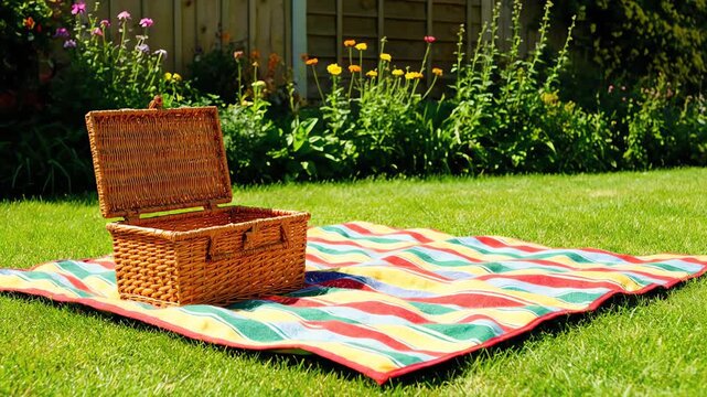 Wicker picnic basket on striped blanket in sunny garden