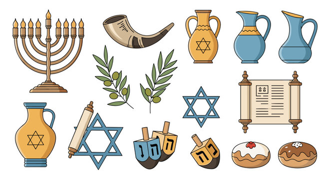 Detailed collection of hanukkah holiday symbols features a menorah, dreidels, olive branches, and traditional jelly donuts.