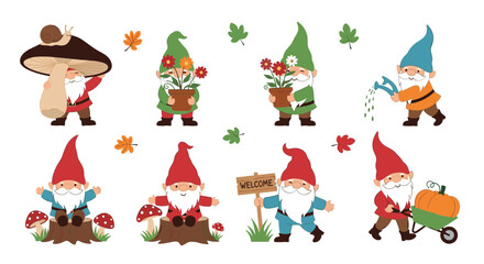 Fototapeta premium Collection of charming garden gnomes in various activities like gardening, holding flowers, and carrying a pumpkin, set on white.