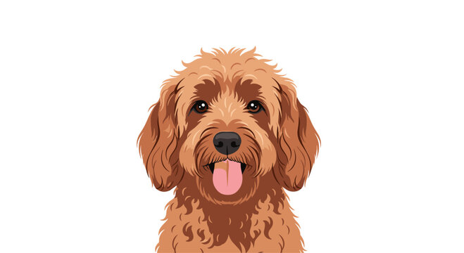 Portrait of a cute brown curly-haired dog resembling a goldendoodle or labradoodle with its tongue out and friendly eyes.