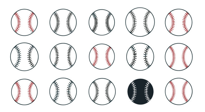 Array of baseballs with red and black stitching patterns arranged in a grid, including one black ball for a unique design contrast.