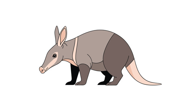 Detailed illustration of an aardvark standing on all fours, showcasing its unique long nose and powerful limbs on a white background.