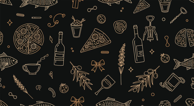 Elegant gold line art pattern on a black background featuring Italian cuisine elements like pizza, wine, fish, olives, and cutlery.