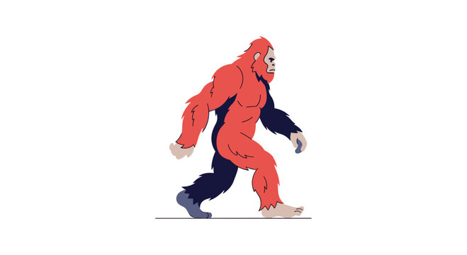 Red and navy blue sasquatch character walking in a side profile view depicted in a minimalist cartoon style on a white background.
