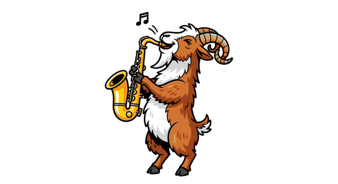 Goat playing a saxophone musically outdoors.