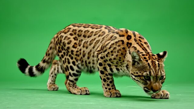 A beautiful ocelot, a wild cat with spotted fur, sniffing the ground on a plain green background.