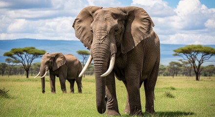 Fototapeta premium Majestic African elephants roaming freely in lush green savannah with scattered acacia trees under a bright blue sky with white clouds in a natural wildlife setting