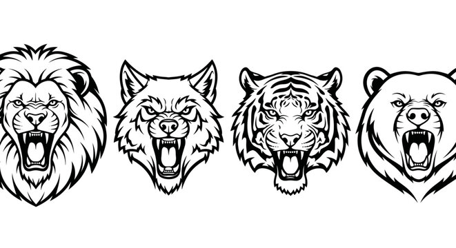 Roaring animal heads in line.