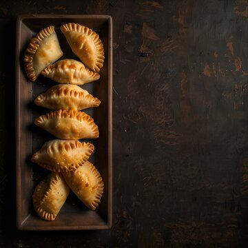 Crispy empanadas arranged neatly, bird&rsquo;s eye view, rustic table with summer lighting, minimal props, top-down composition, space for text