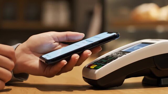 Customer using smartphone for contactless payment at terminal