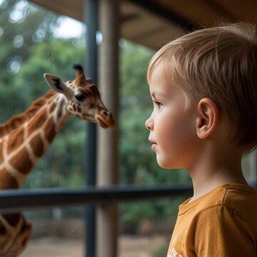 Child watching giraffe through glass, over-the-shoulder shot, soft defocused zoo background, natural lighting, emotional connection, copy space