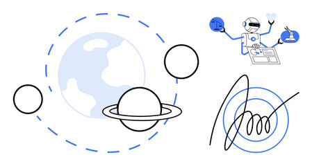 Artificial intelligence, space exploration, robotics, data analysis, automation, global connections. Planetary system sketch with Earth, Saturn and robot performing tasks. AI and space exploration © robu_s