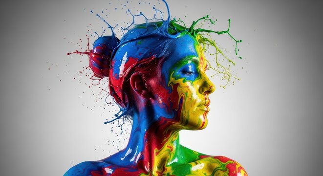 Vibrant colorful portrait of a woman with paint splashes on her face and hair