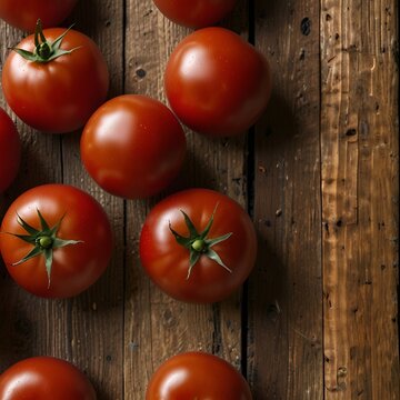 Overhead shot of fresh red tomatoes arranged on wooden table, natural sunlight, clean food background, copy space
