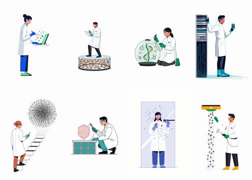 Vector illustration set of female gymnasts performing various athletic routines and poses on a balance beam, featuring handstands, splits, and championship celebrations.