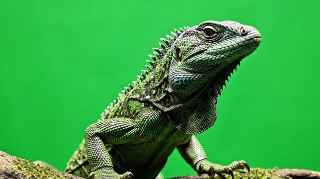 A vibrant green lizard with a spiky crest and textured scales, perched on a branch against a bright green background, looking intently to the right.